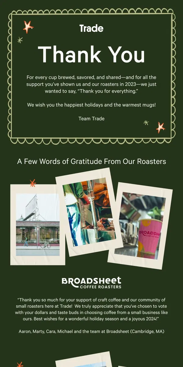 Email from Trade Coffee. A holiday message from our roasters.