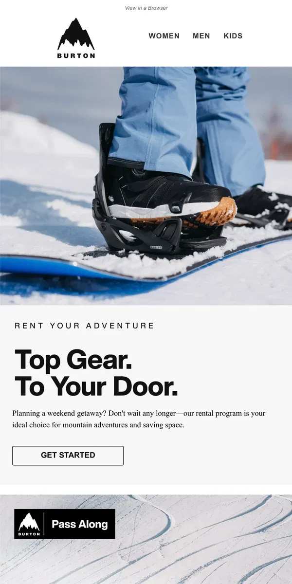 Email from Burton. Gear Up with Our Rental Program