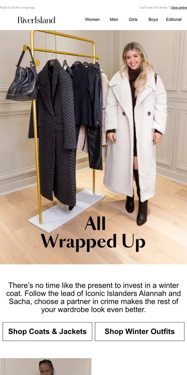 Email from River Island. Coats for the cold snap 🥶​