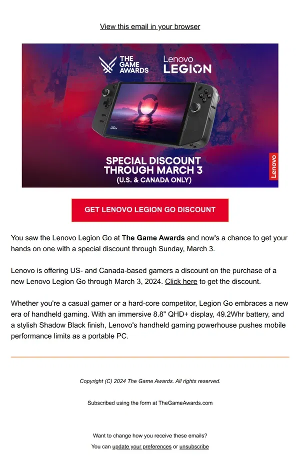 Email from The Game Awards. Lenovo Legion Go - Discount in US, Canada Now Through 3/3