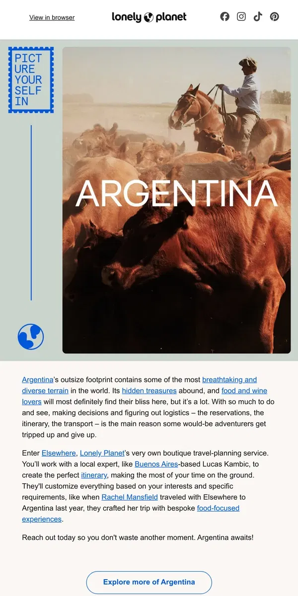 Email from Lonely Planet. It takes you to tango (in Argentina)