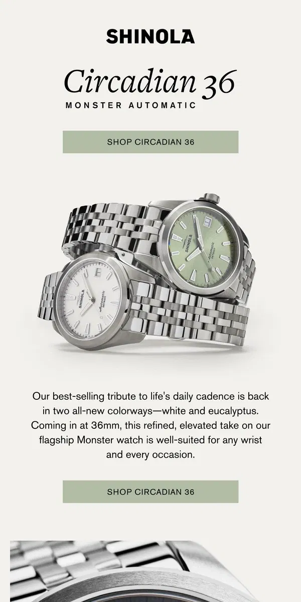 Email from Shinola Detroit. New Arrival: Circadian 36 Monster Automatic