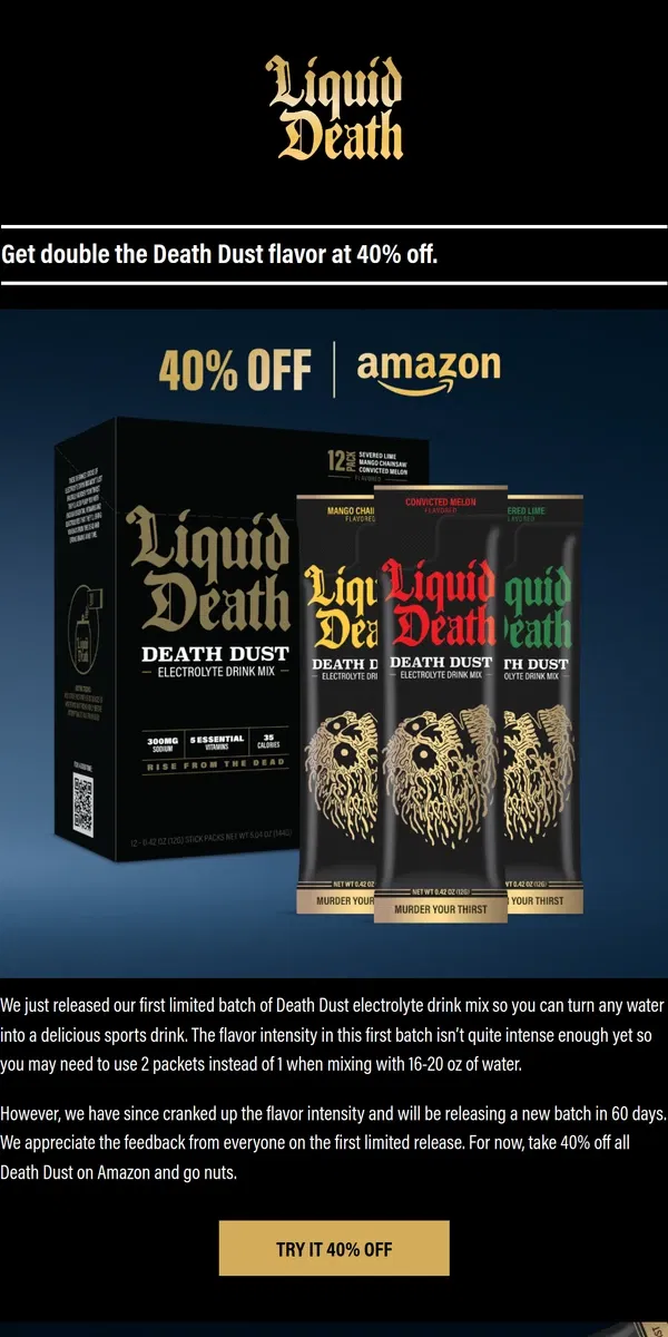 Email from Liquid Death. 40% Off Now