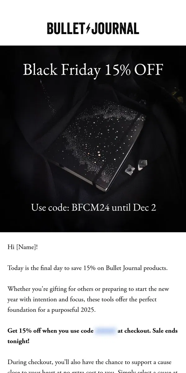 Email from Bullet Journal. Last Chance: 15% off Bullet Journal products ends tonight!