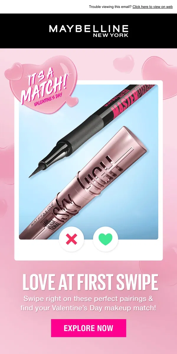 Email from Maybelline. [Name], you've got a love match...❤️🤗