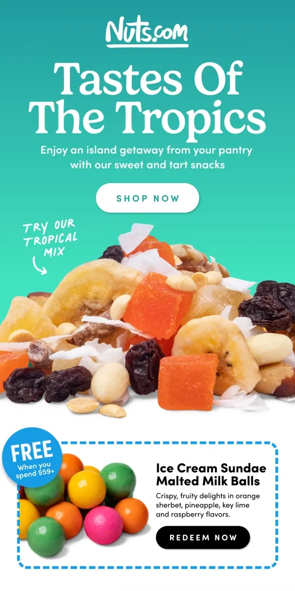 Email from Nuts.com. Your Passport to Flavor Paradise 🏖️