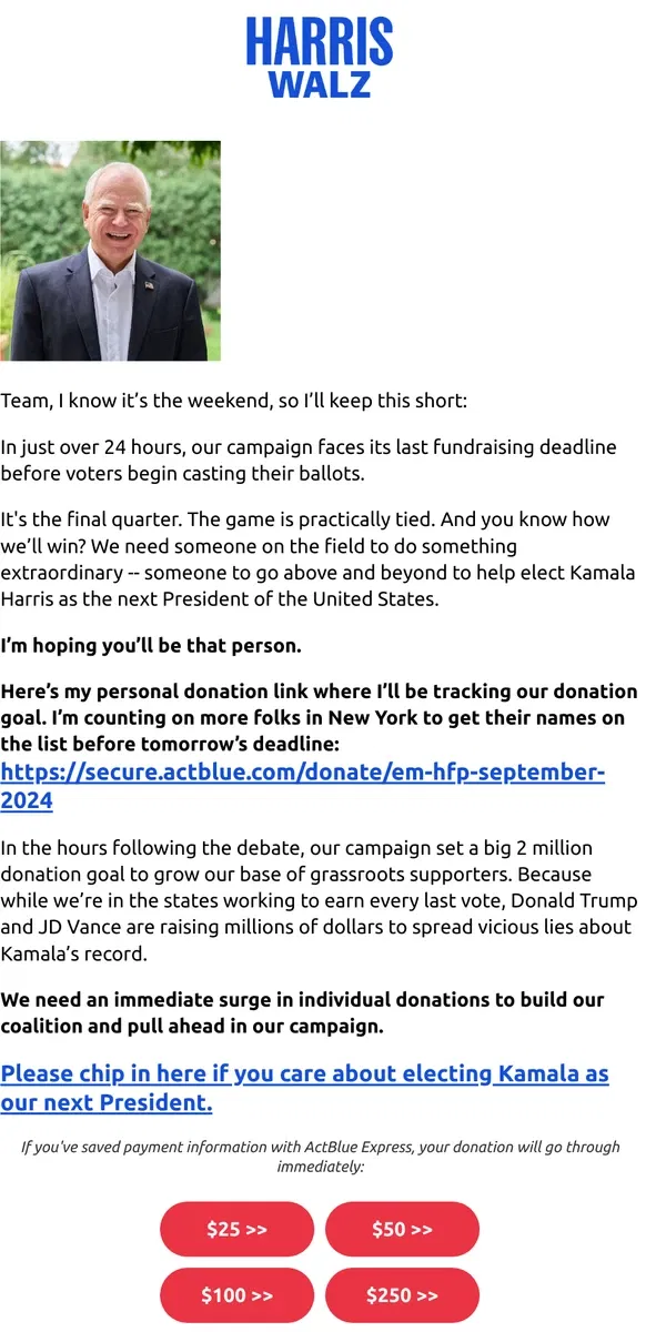 Email from Kamala Harris. $25 before our mid-month fundraising deadline ends tomorrow