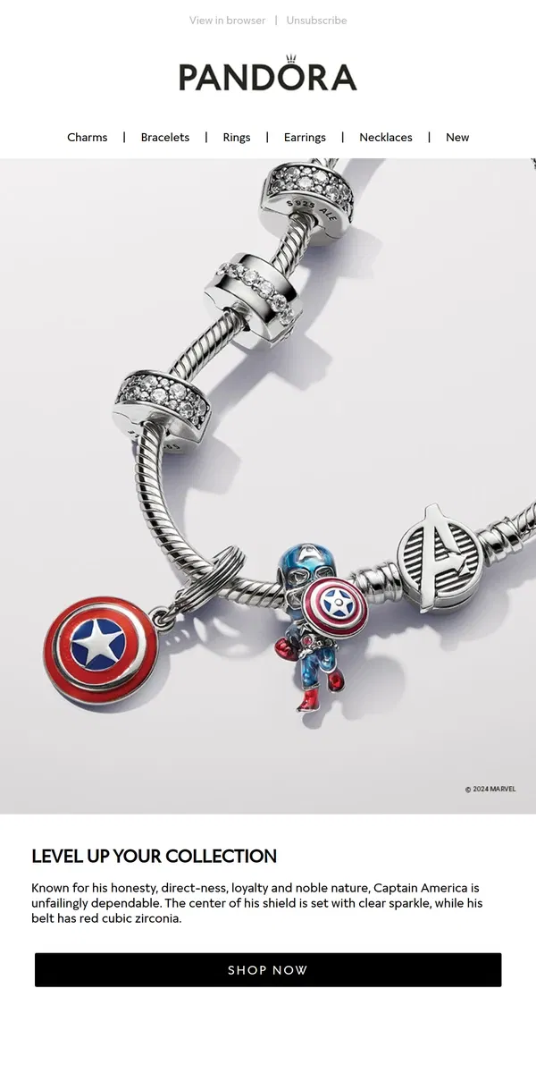 Email from Pandora Jewelry. Captain America has arrived!