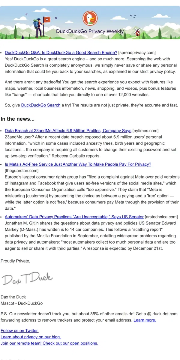 Email from DuckDuckGo. [ DuckDuckGo Privacy Weekly ] For Dec 7, 2023