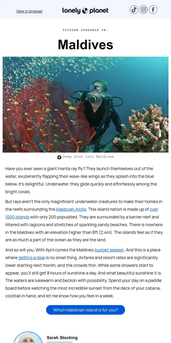 Email from Lonely Planet. Dive into the Maldives