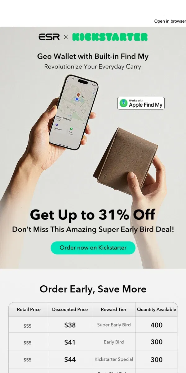 Email from ESR. Introducing the world's first wallet with built-in Find My! Get 31% off now | ESR