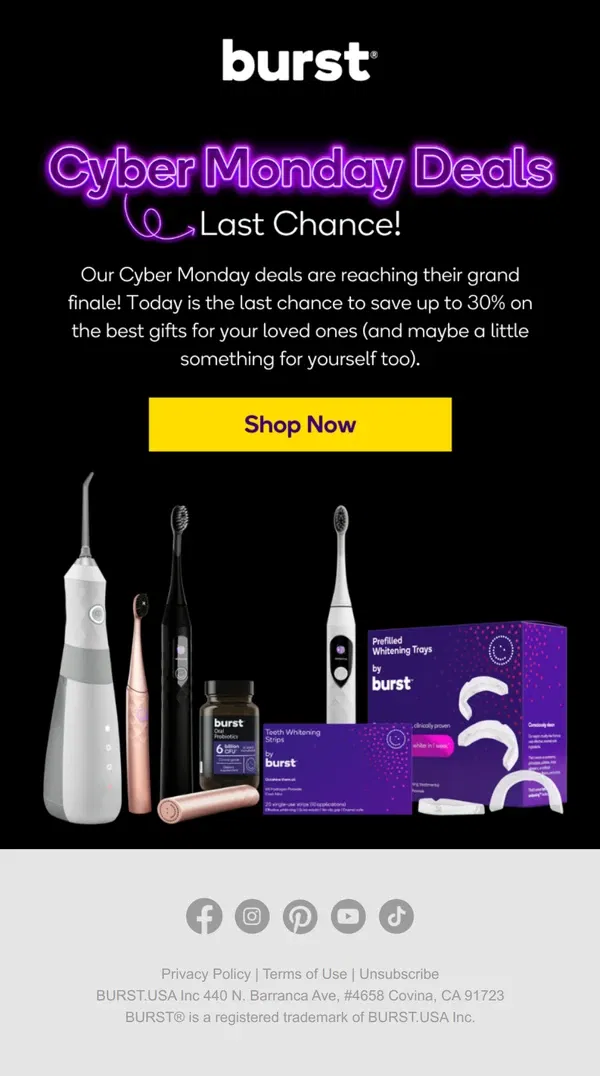 Email from BURST Oral Care. 🔔 Cyber Monday extended: enjoy one more day of deals!