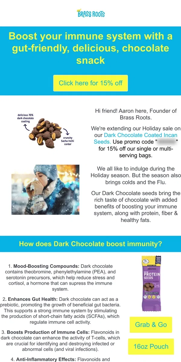 Email from Brass Roots. Boost your immunity with our chocolate snacks