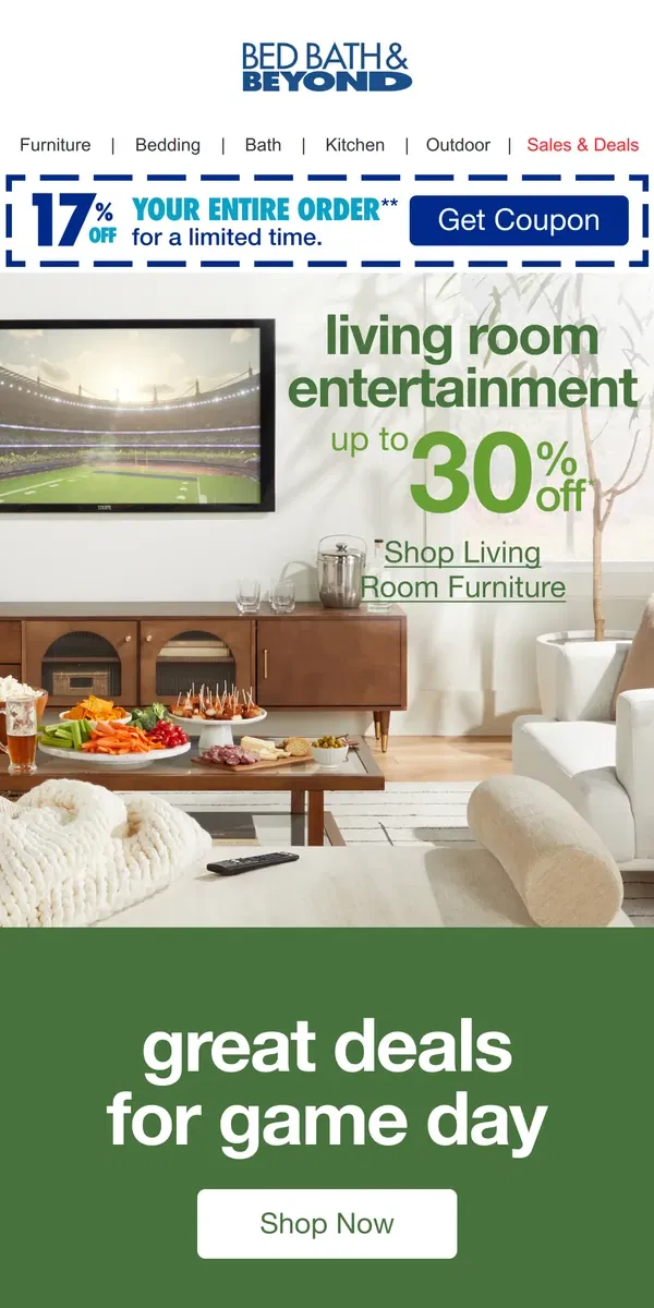 Email from Bed Bath & Beyond. Up to 30% Off Entertaining Essentials for the Big Game 🏈🍿