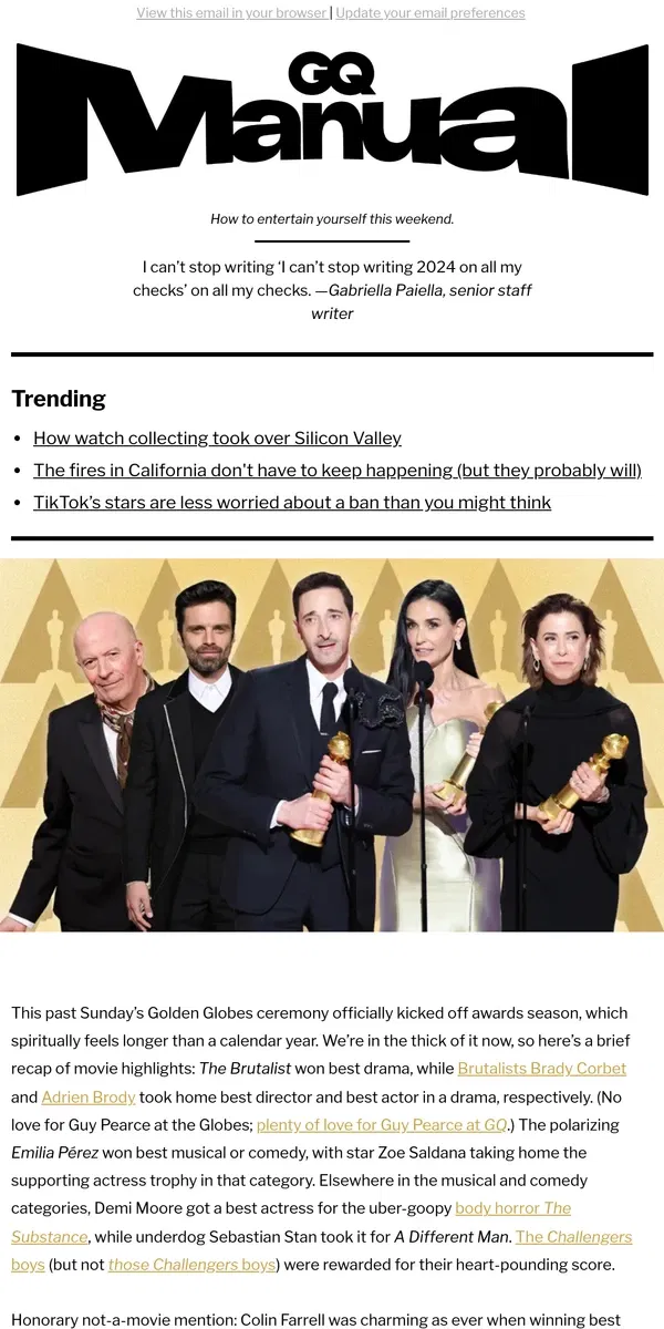 Email from GQ. Only 72 Weeks of Awards Season Left!