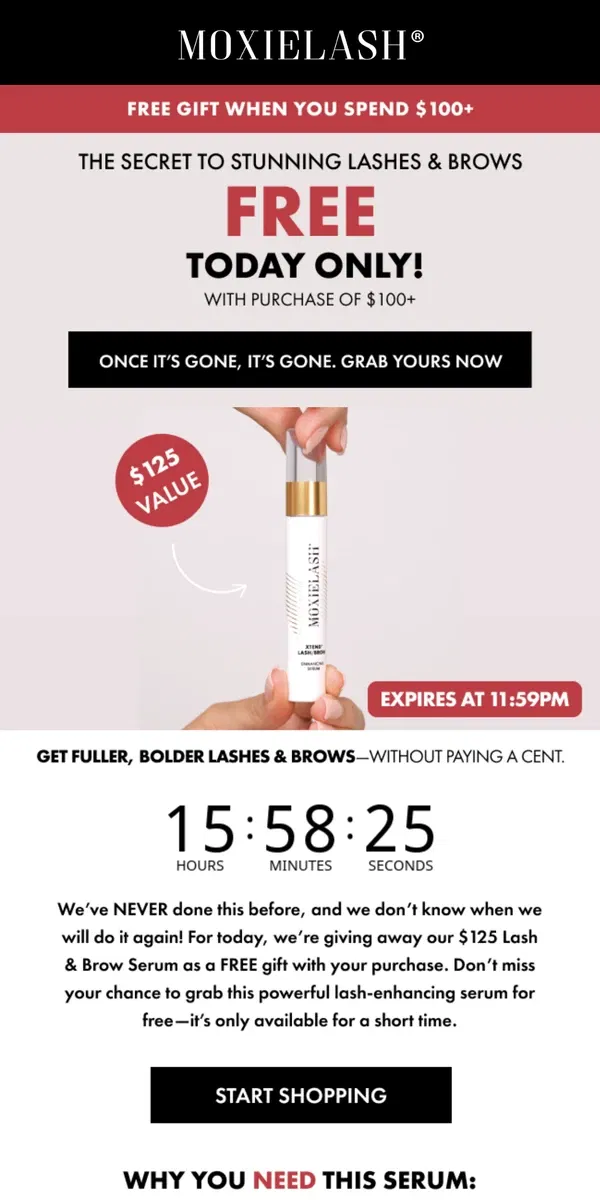 Email from MoxieLash. Today Only: Get XTEND™ Lash Serum FREE with $100 Purchase!