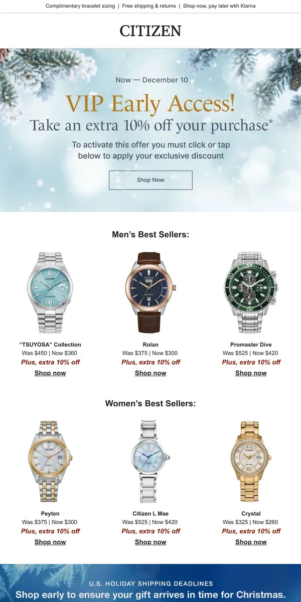 Email from Citizen Watch. Just for You: Early access to our Holiday Savings Event