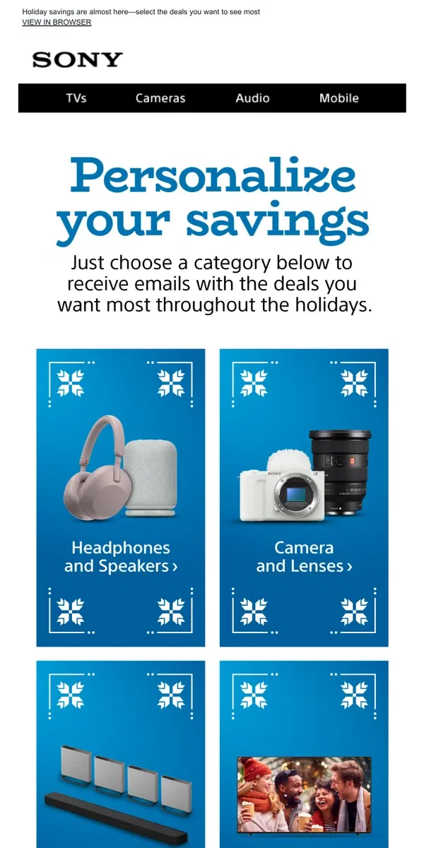 Email from Sony. Tailor Your Holiday Deals | One Click To Customize