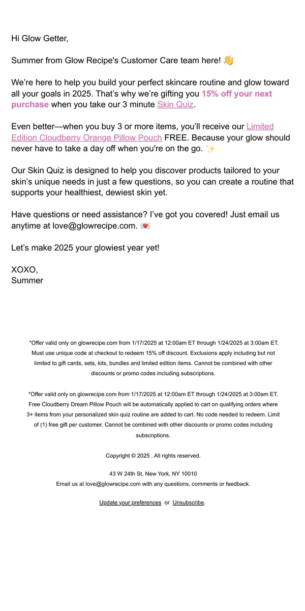 Email from Glow Recipe. Get 15% Off Your Personalized Routine