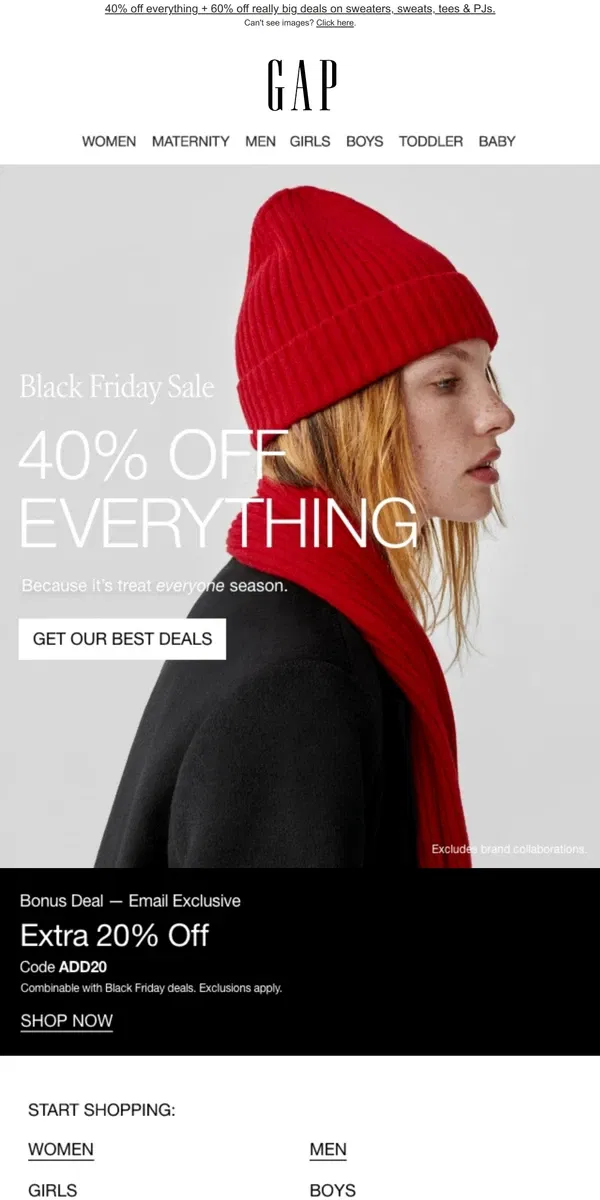 Email from GAP. We're treating you to SIXTY PERCENT OFF our best gifts: $15 PJs | $22 Sweaters | $19 Sweats