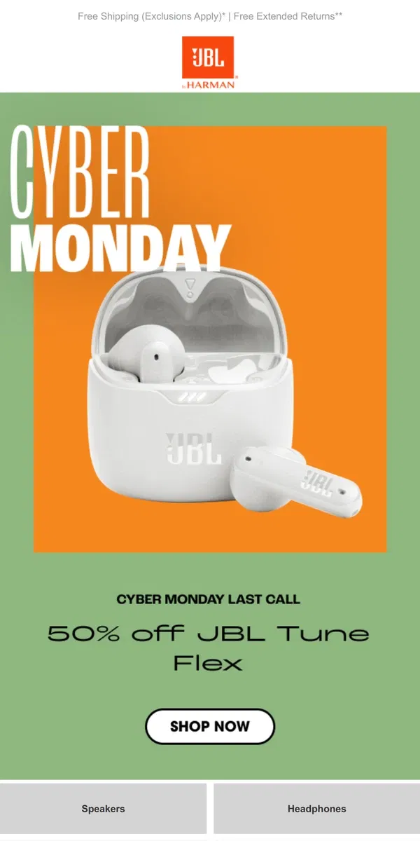 Email from JBL. Final Countdown for ALL DEALS! Cyber Monday ends tonight!