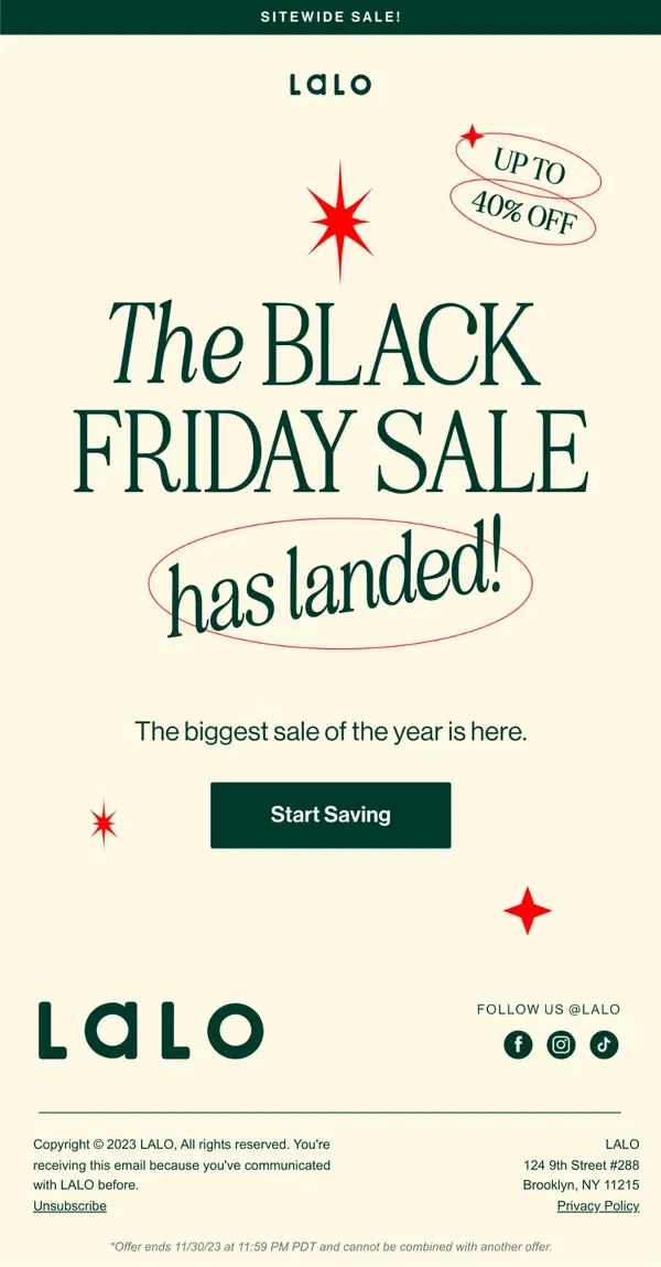 Email from Lalo. The Black Friday Sale starts NOW!