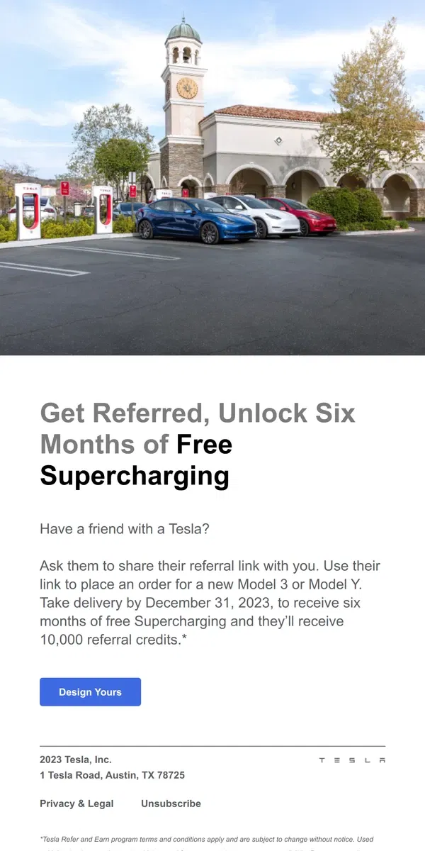 Email from Tesla. Drive a New Tesla With Free Supercharging