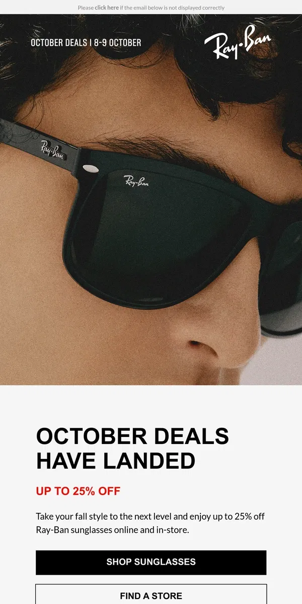 Email from Ray-Ban. October Deals | Up to 25% off