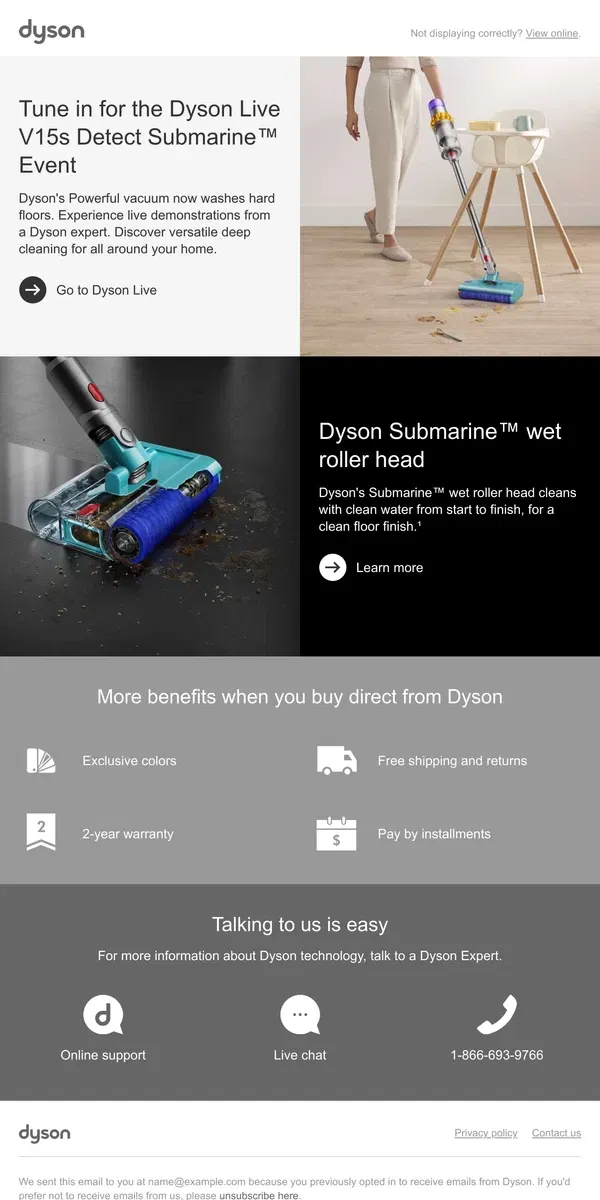 Email from Dyson. Tune in for the Dyson Live V15s Detect Submarine™ Event