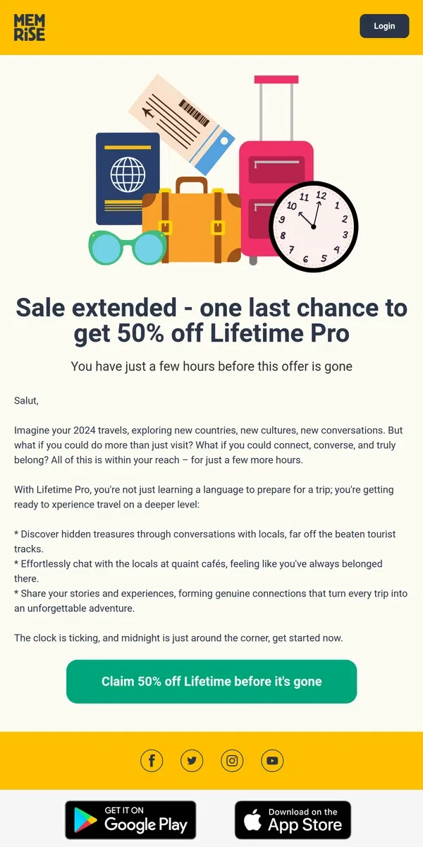 Email from Memrise. Sale extended - one last chance to get 50% off Lifetime Pro