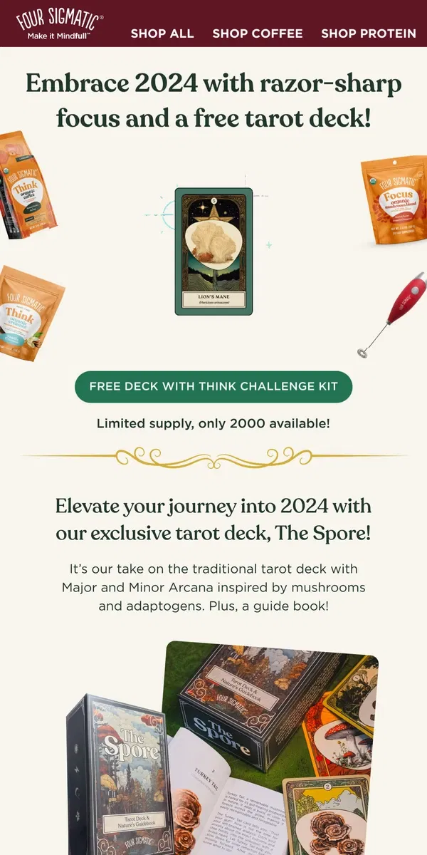 Email from Four Sigmatic. FREE, one-of-a-kind tarot deck (featuring mushrooms of course)!