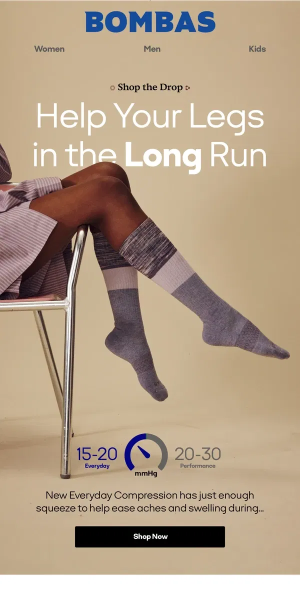 Email from Bombas. New, Soothing Compression Socks