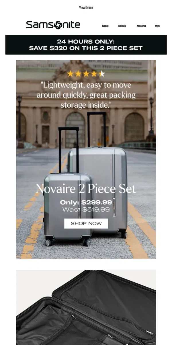 Email from Samsonite. 24 Hours Only! Novaire 2pc Set for Only $299.99