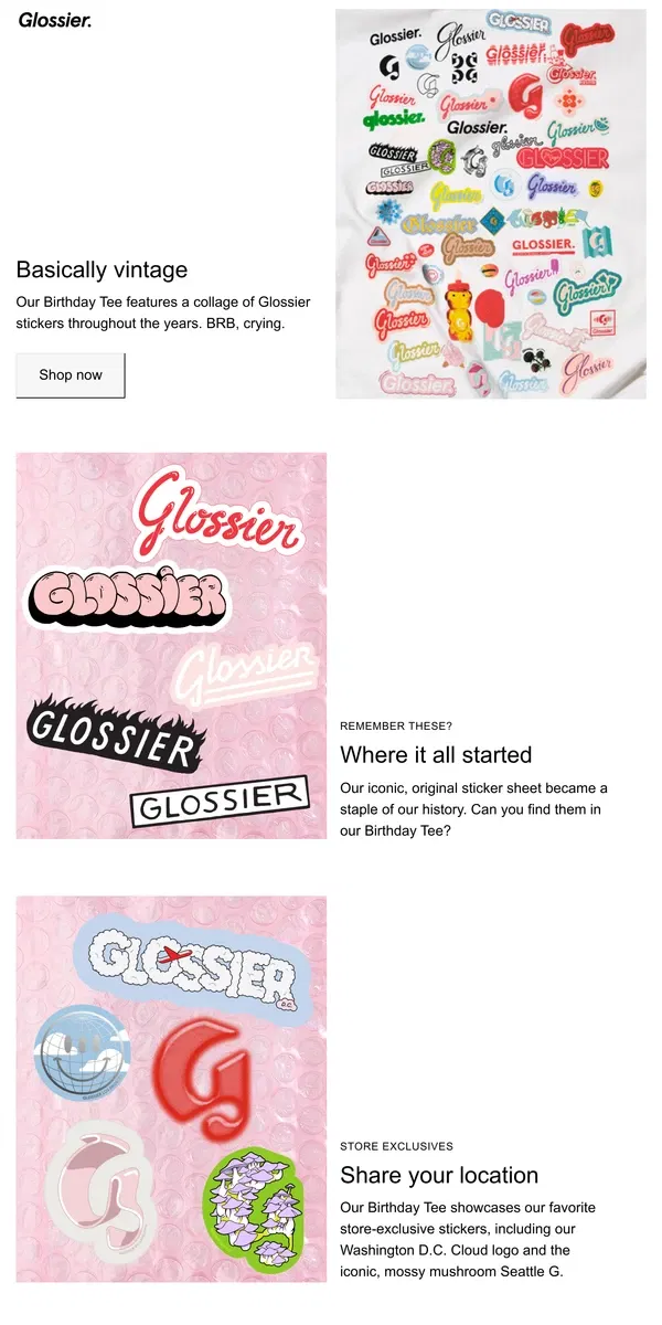 Email from Glossier. We made a Birthday Tee