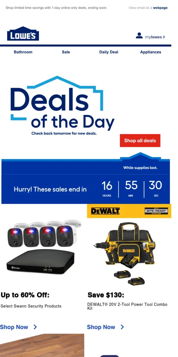 Email from Lowe's. These deals won’t be here tomorrow.