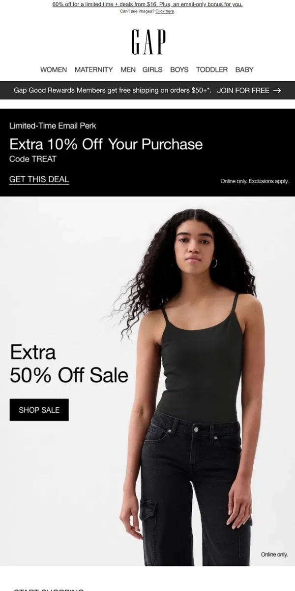 Email from GAP. Congrats: E-X-T-R-A 50% OFF SALE | special BONUS + more from $16