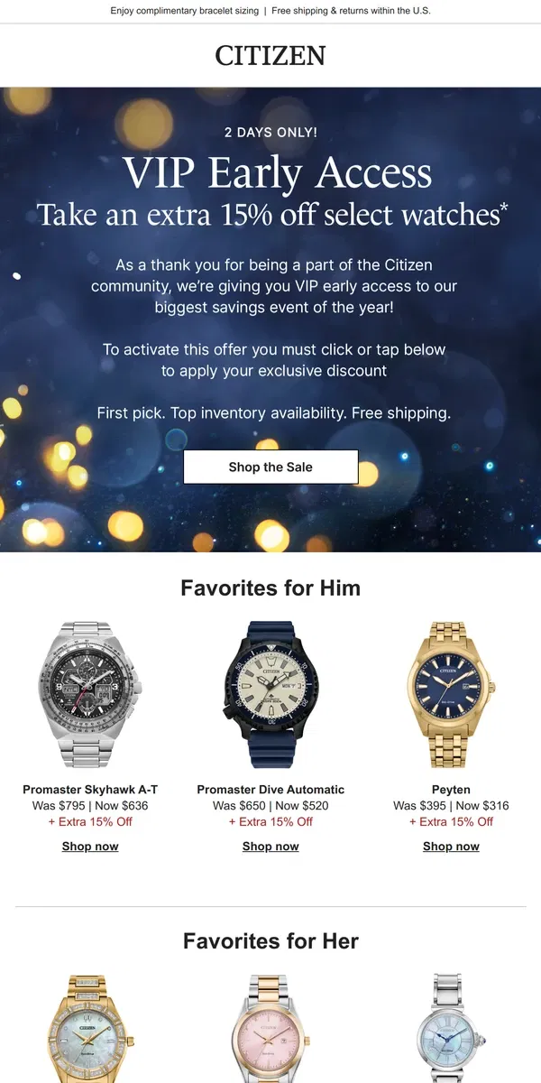 Email from Citizen Watch. Exclusive VIP Early Access: Extra 15% Off