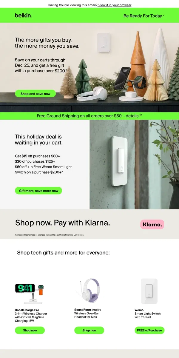 Email from Belkin. Grab your list – Buy More, Save More for the holidays (+ a gift with purchase!)