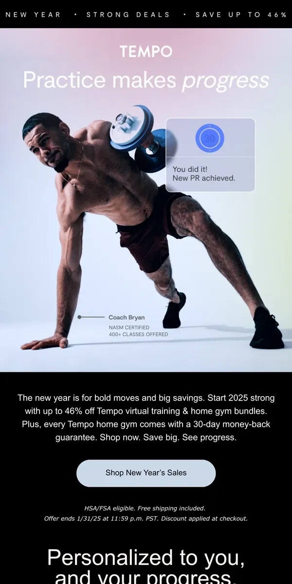 Email from Tempo. 🎉2025 is your year. Take up to 46% off personal training.