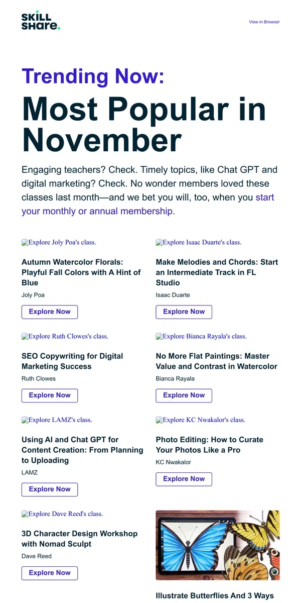 Email from Skillshare. November's Most Popular Classes