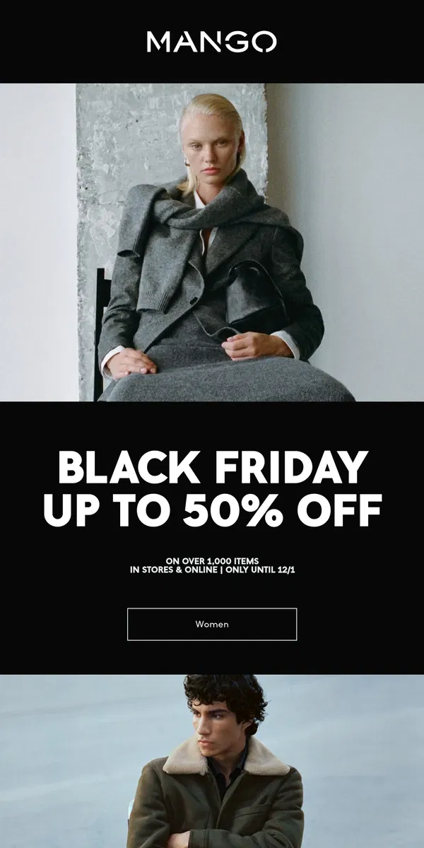 Email from Mango. Up to 50% off in stores now 🖤