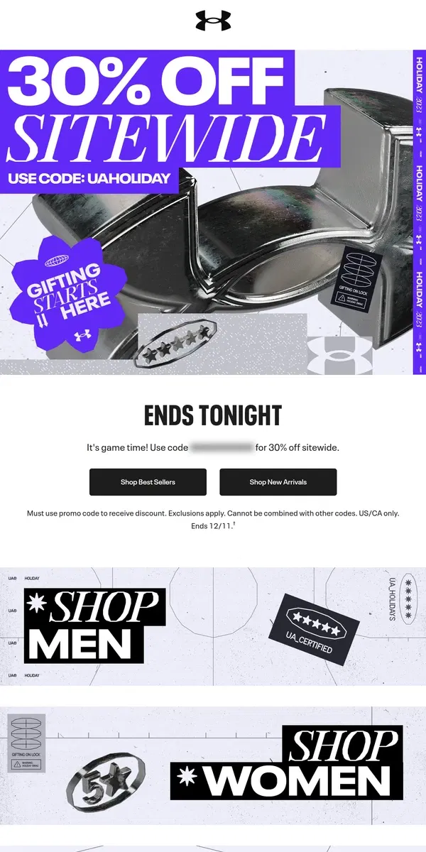 Email from Under Armour. Ends Tonight: 30% off sitewide