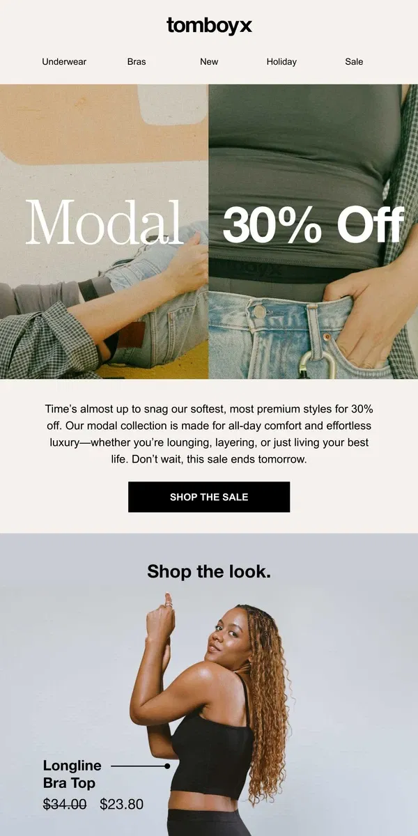 Email from TomboyX. 30% Off Modal Ends Tomorrow