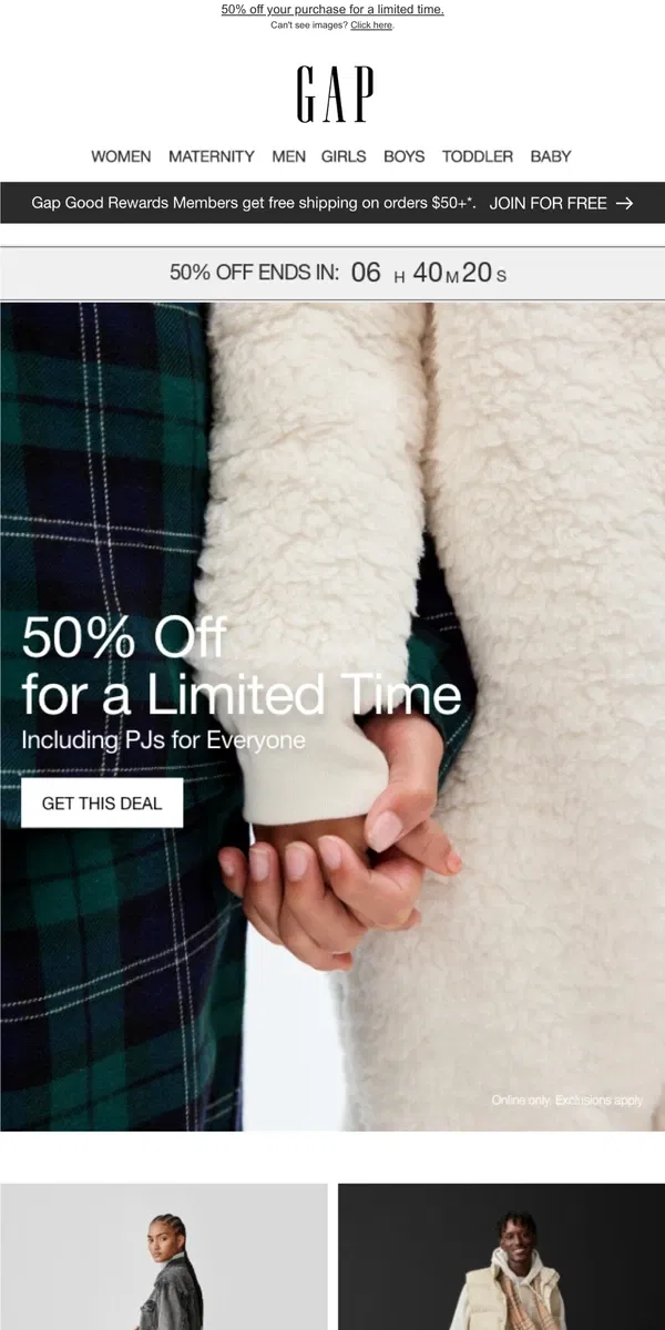 Email from GAP. 50% OFF (including PJs) ENDS TONIGHT