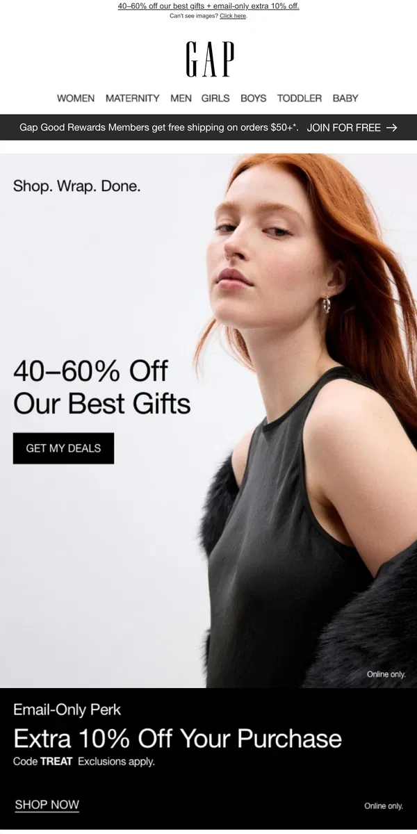 Email from GAP. Congrats: you have a BONUS 10% + 40–60% OFF 🎁