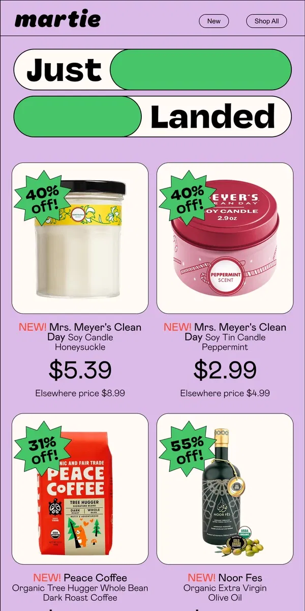 Email from Martie. 🛬 JUST LANDED: Mrs. Meyer's, Peace Coffee and More!