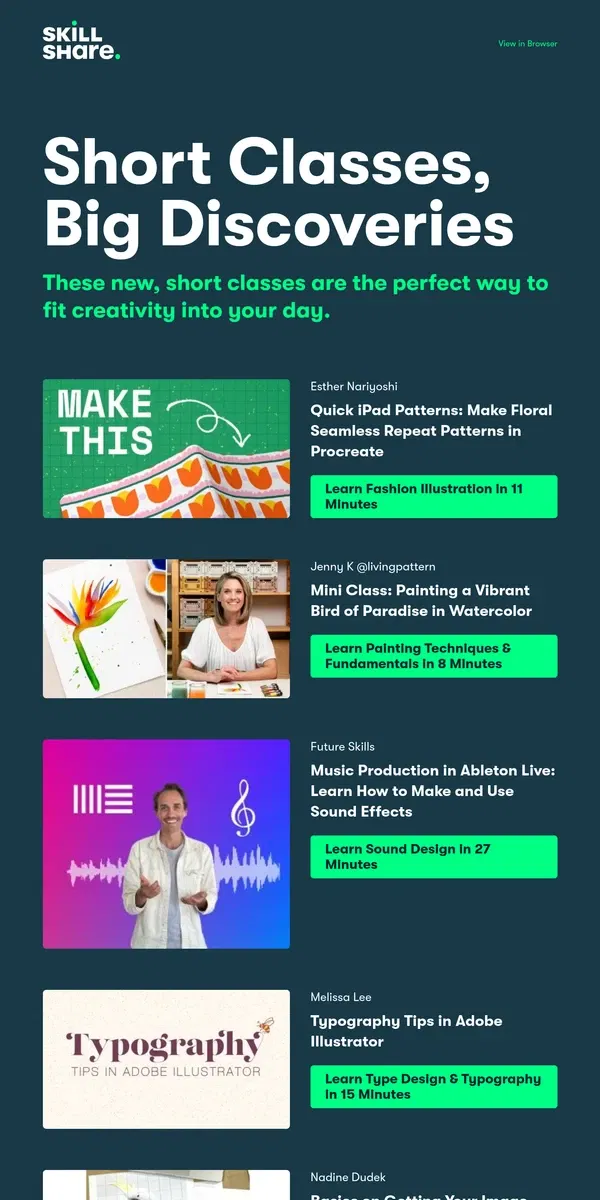 Email from Skillshare. Classes Under 30 Minutes, Picked For You