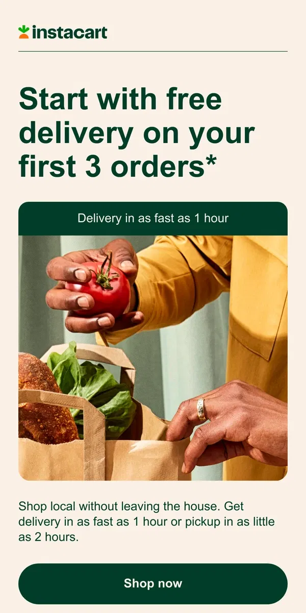 Email from Instacart. Congrats, [username]! Celebrate with 3 free deliveries.