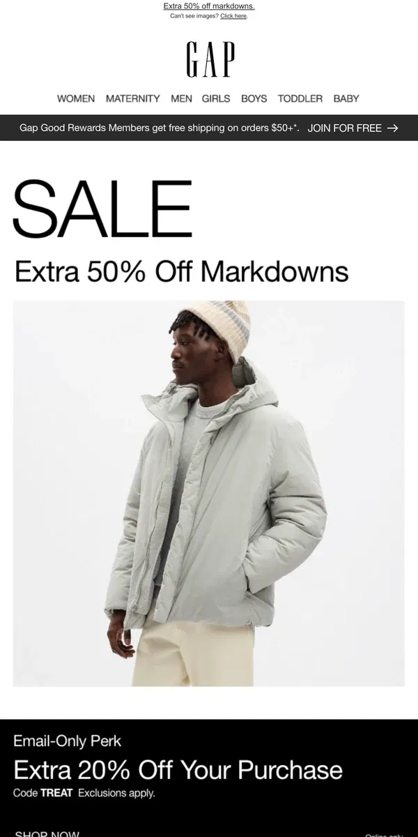 Email from GAP. Reminder! You're in for an EXTRA 50% off + EXCLUSIVE EXTRA 20%