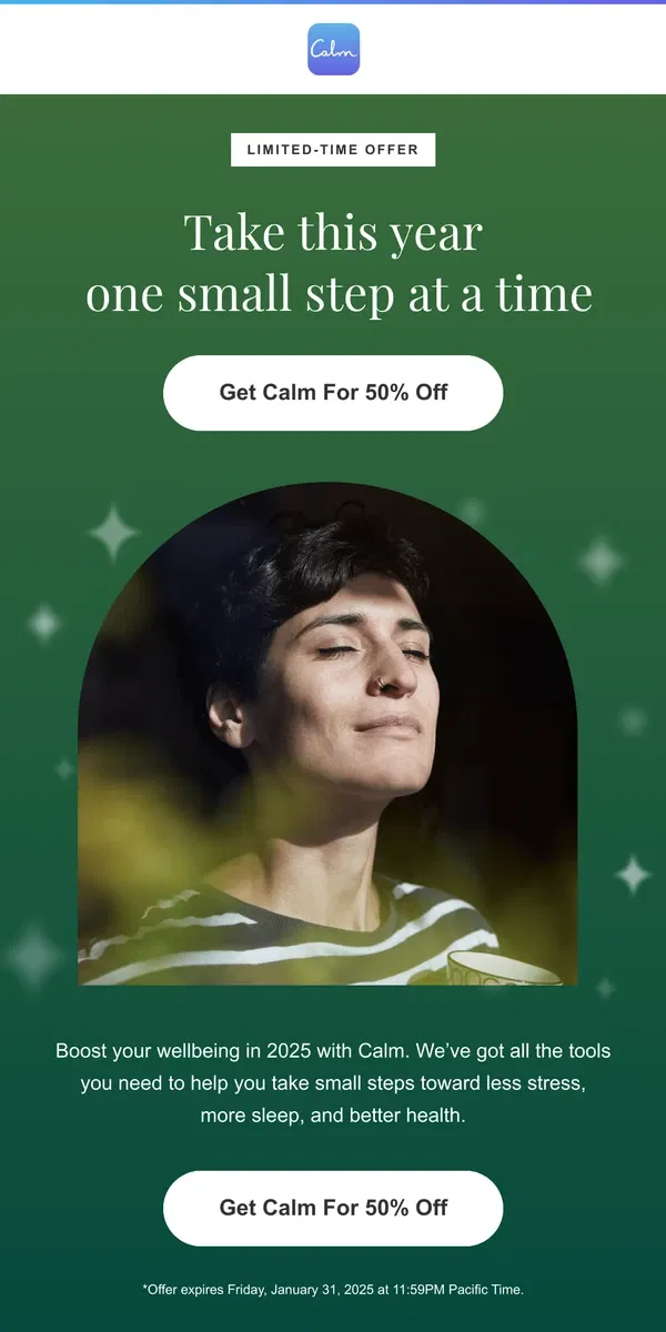 Email from Calm. 🎁 Psssst. 50% off Calm Premium